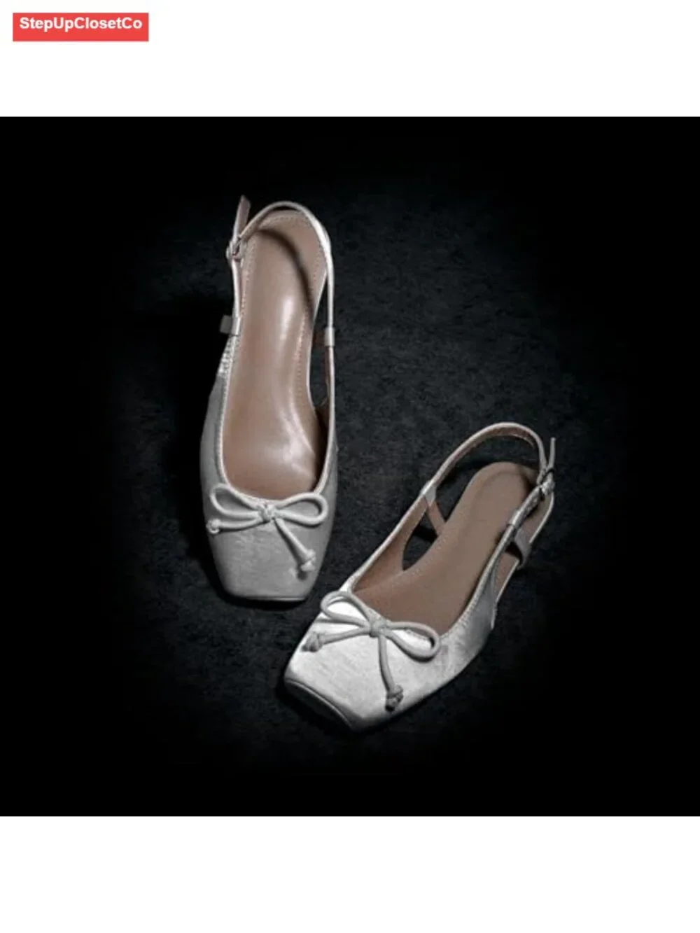 Satin Square Toe Bow Knit Ballet Flats with Ankle Buckles